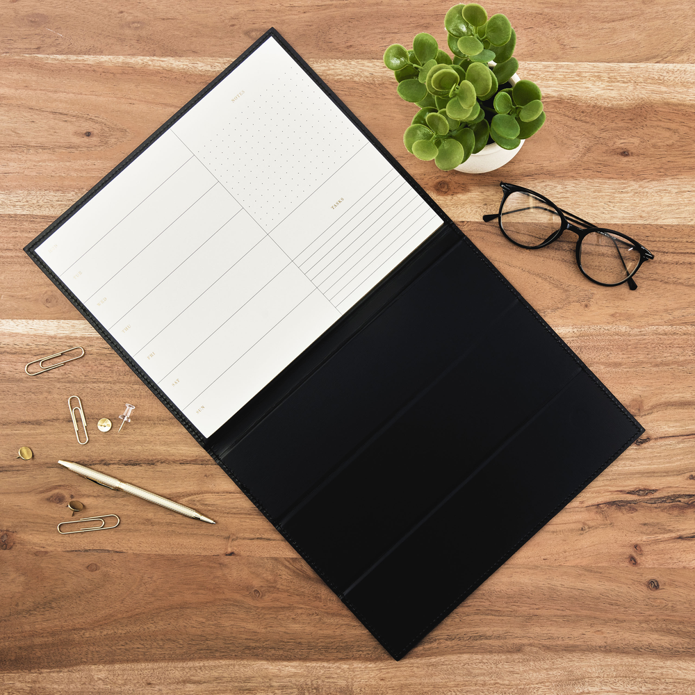 Work + Life Black Onyx - Standing Notepad Folio - Weekly Overview Notepad - 52 Sheets