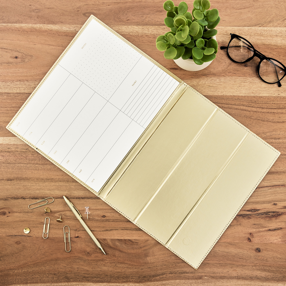 Work + Life Golden - Standing Notepad Folio - Weekly Overview Notepad - 52 Sheets