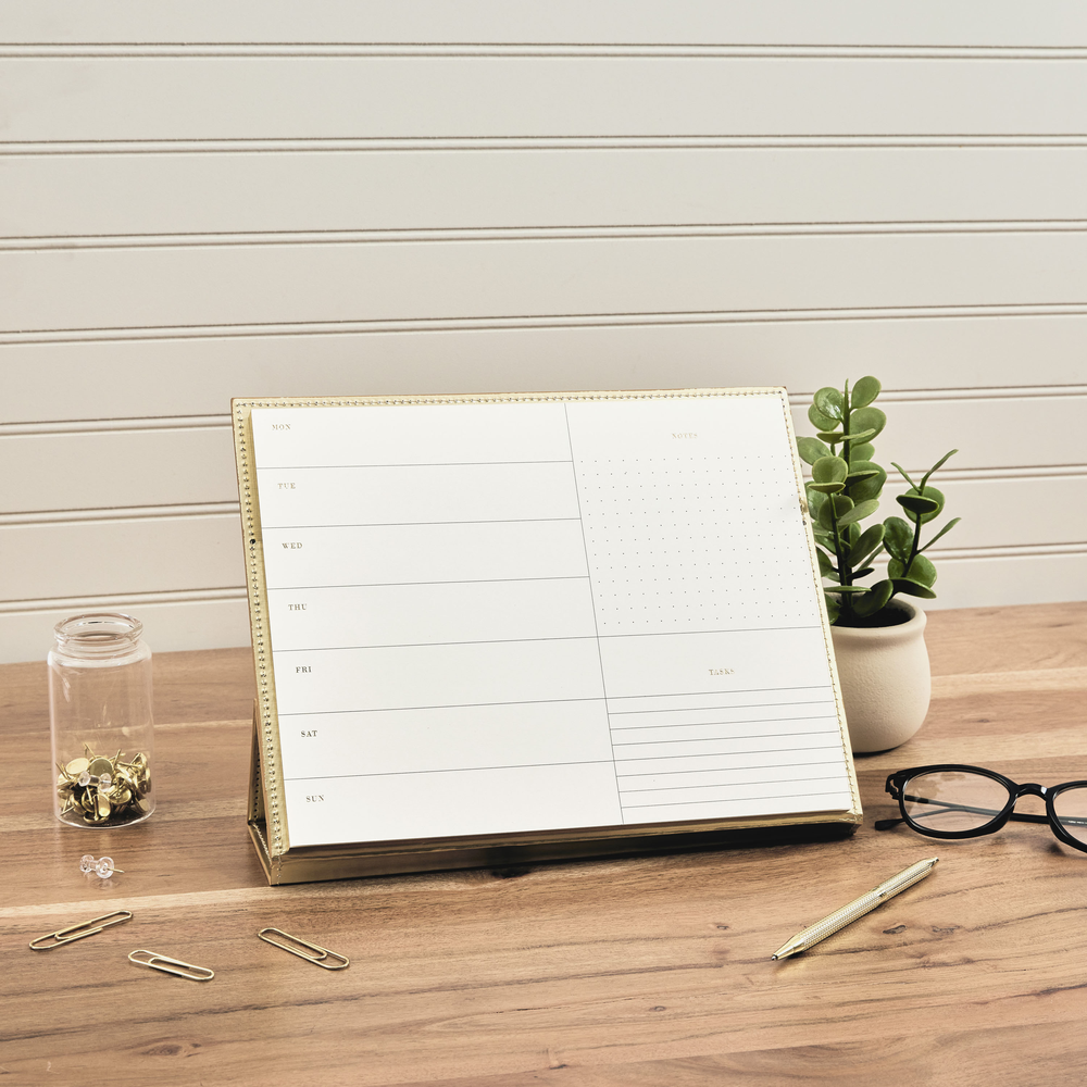 Work + Life Golden - Standing Notepad Folio - Weekly Overview Notepad - 52 Sheets