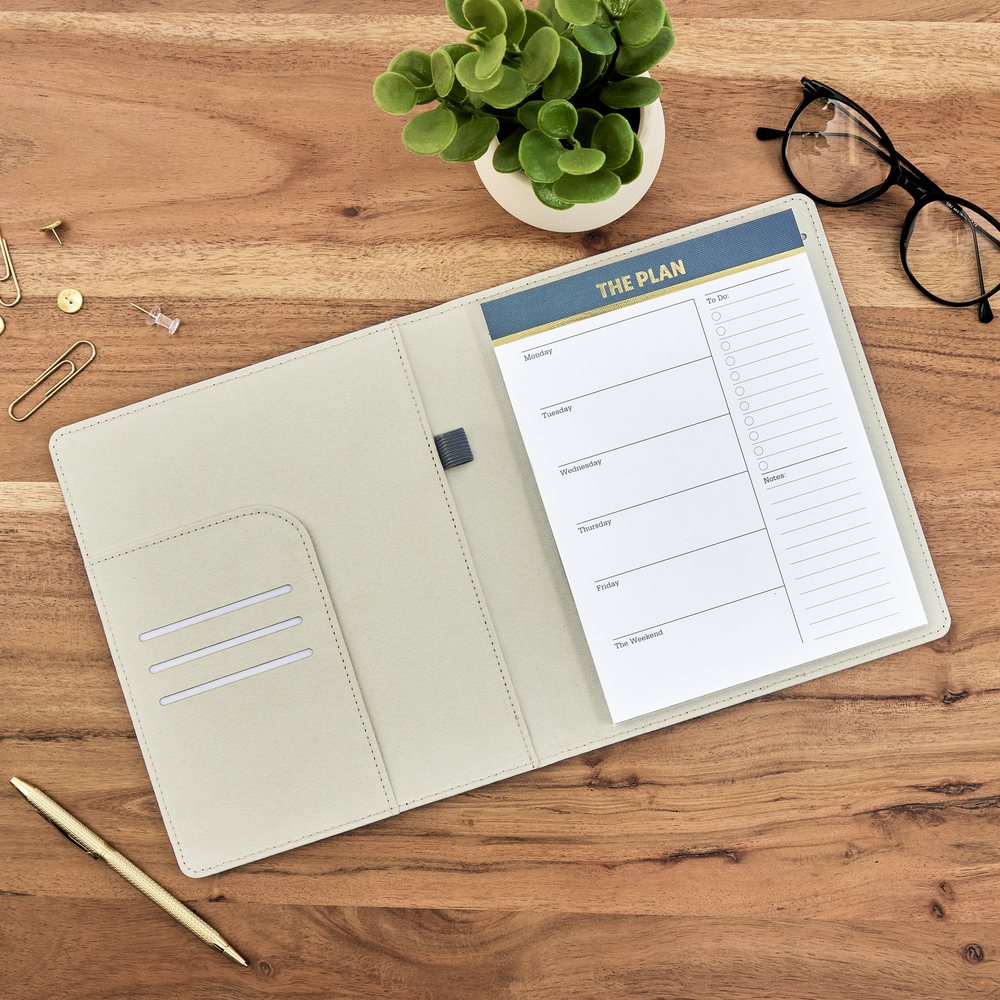 Work + Life Sage - Linen + Cork Notepad Folder - Weekly Overview - 52 Sheets